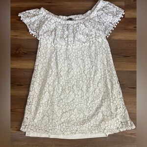 Lily Rose adorable white lace dress with liner and Pom poms, size M,27” long